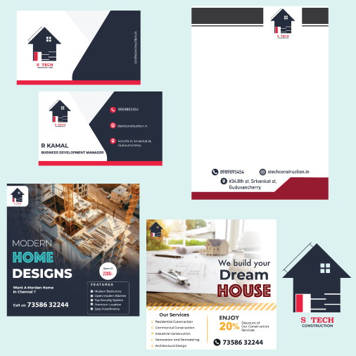 Tech construction branding designs and home design ads